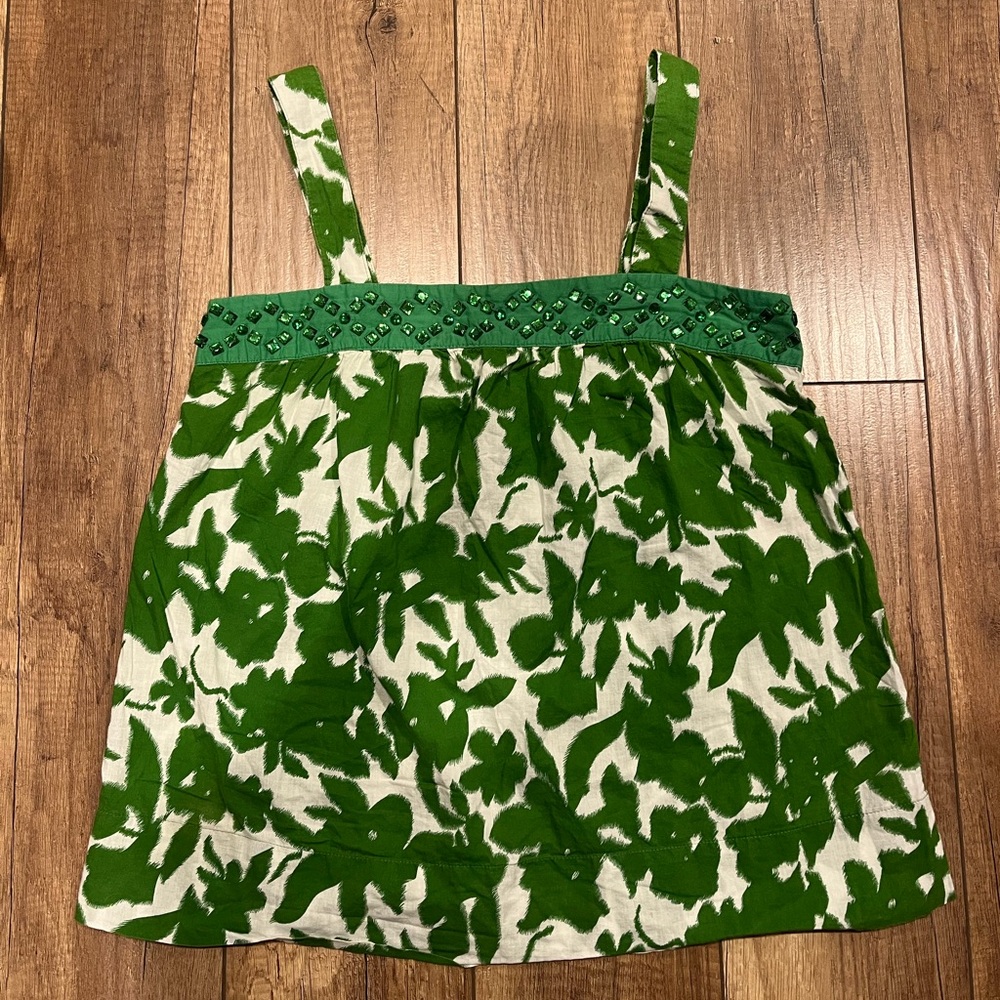 Y2K Forever 21 White Green Floral Beaded Tank Top Boho Cottagecore